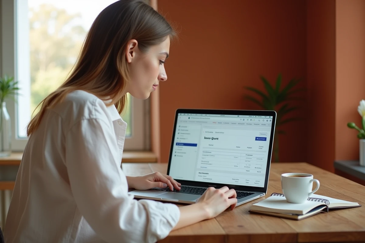 Une micro-entrepreneuse crée une facture avec le logiciel Abby sur son ordinateur portable depuis son domicile