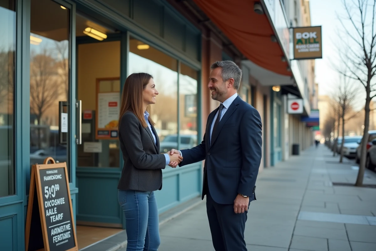 Deux entrepreneurs concluant un accord de franchise devant une laverie automatique en ville
