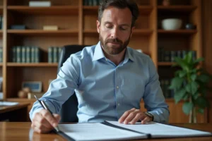 Notaire examinant des documents officiels pour l'achat d'un bien communal dans un bureau professionnel
