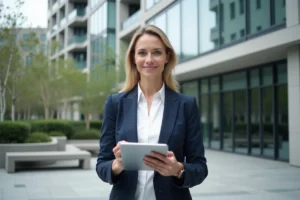 Agente immobilière devant un immeuble moderne en verre et béton, tenant une tablette avec des plans architecturaux, tendances immobilières 2027