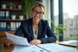 Femme d'affaires analysant des documents de franchise de laverie automatique dans un bureau moderne