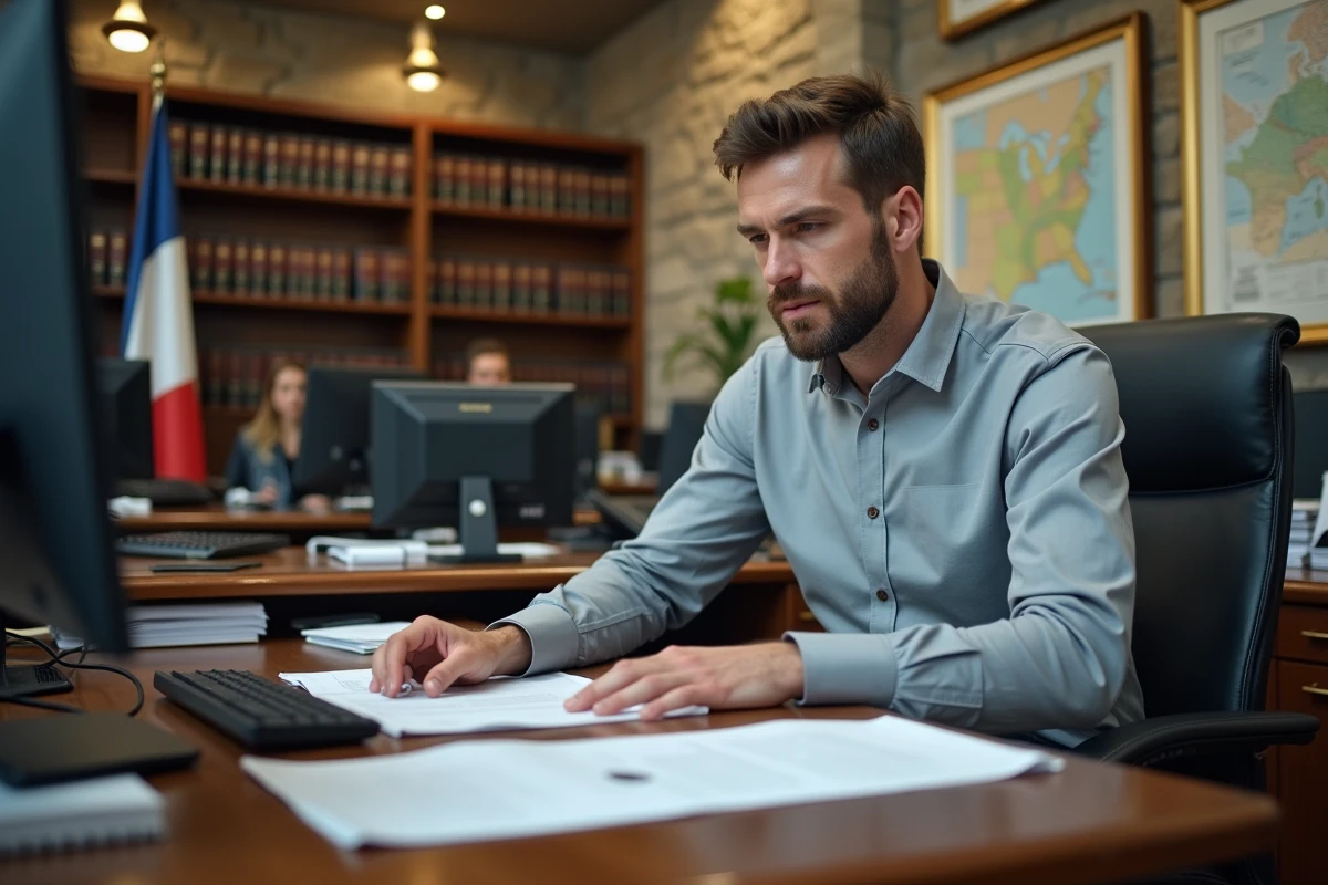 Ein Verwaltungsassistent arbeitet in den Räumlichkeiten einer Kommunalverwaltung, umgeben von offiziellen Akten