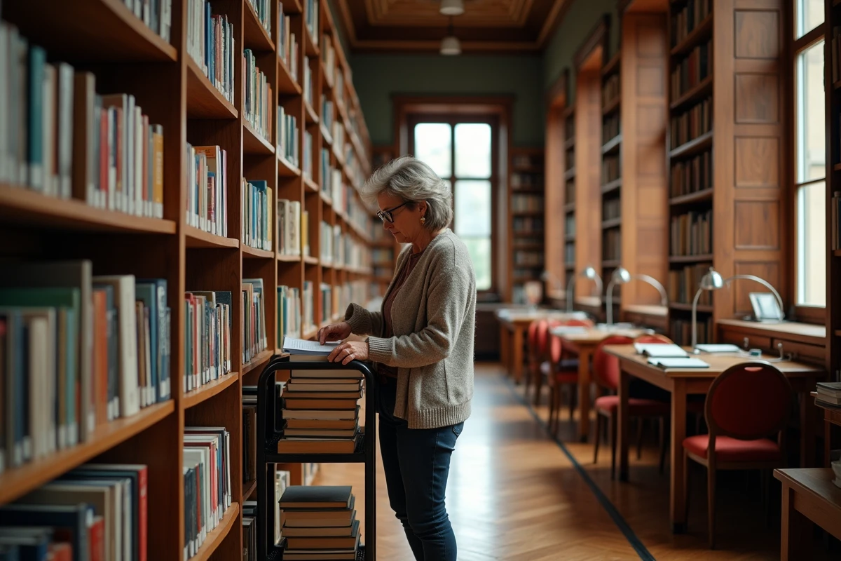 Eine Bibliotheksassistentin in einer Stadtbibliothek räumt Bücher in den Regalen einer Mediathek ein