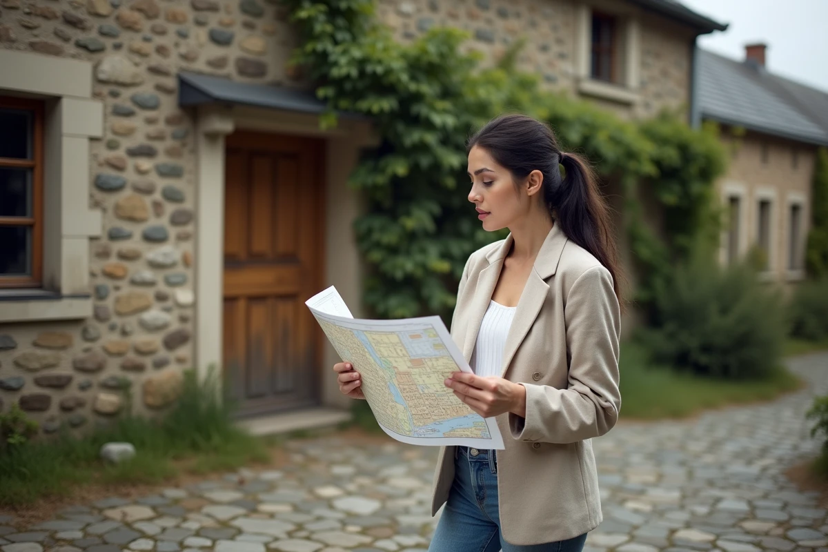 Femme consultant un plan cadastral devant un bien communal à vendre en milieu rural