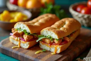 Bokit antillais garni de poulet épicé, chou râpé et tomates sur un étal de marché créole en Guadeloupe