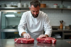 Boucher professionnel comparant deux steaks côte de bœuf USDA Choice biologique et conventionnel sur un comptoir en acier inoxydable