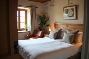 Chambre d'hôtel boutique chaleureuse avec lit king-size en lin blanc et décoration en pierre exposée pour des vacances confortables