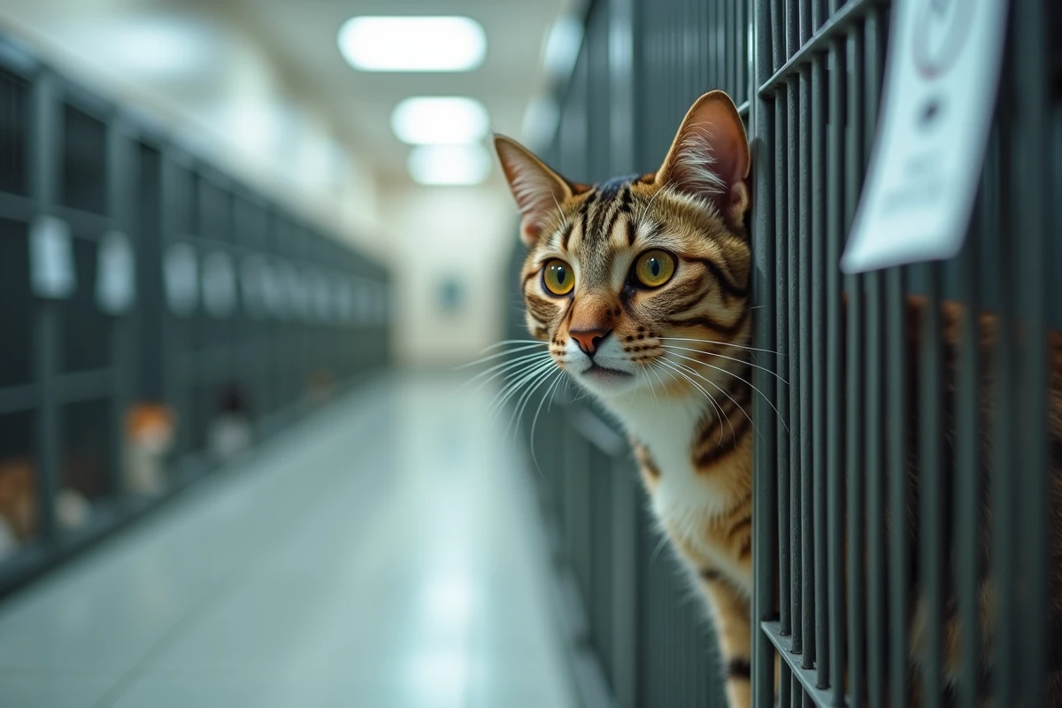 Un chat tigré attend dans sa cage d'un refuge SPA avec une fiche d'adoption visible, illustrant le processus de sélection