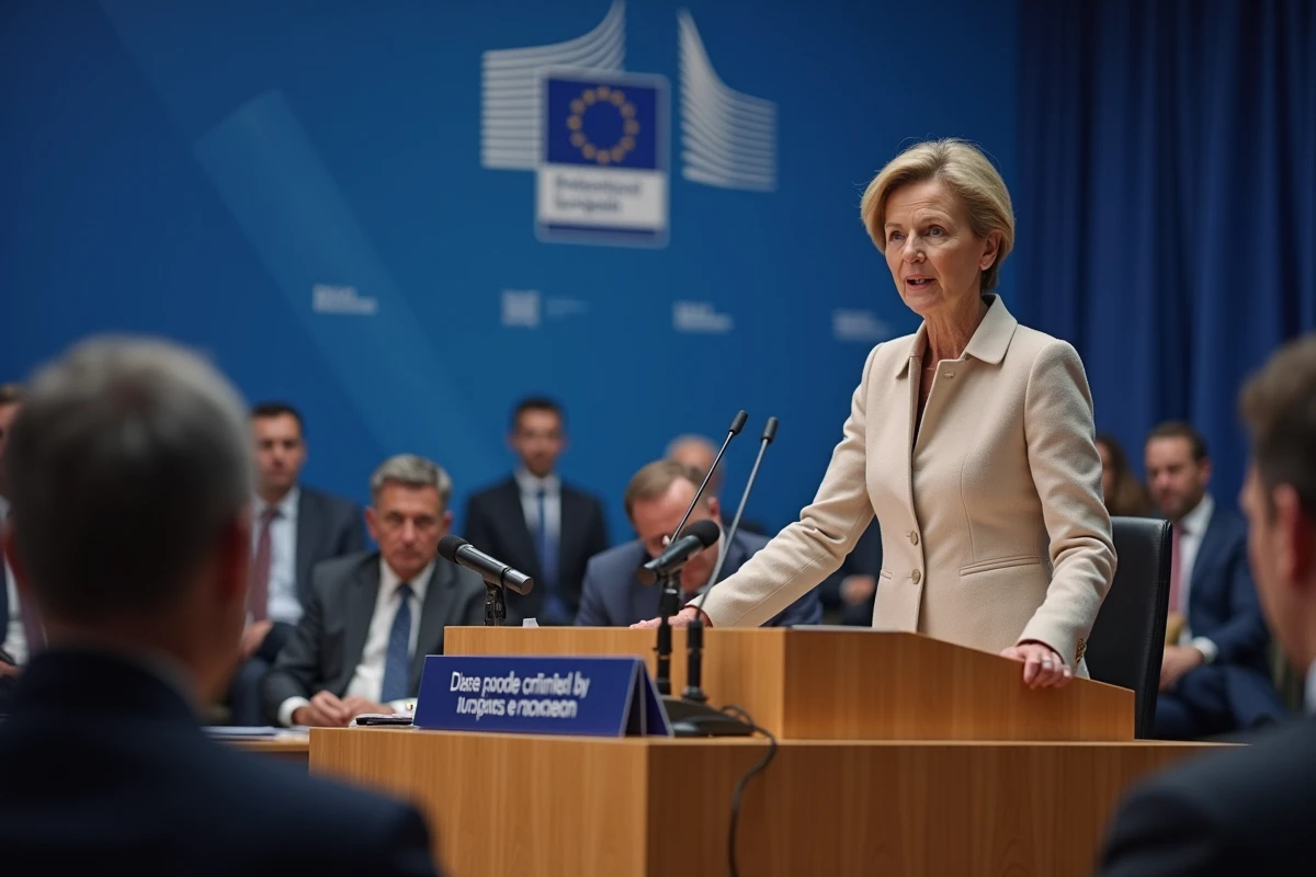 Pressekonferenz der Präsidentin der EZB mit Euro-Symbol im Hintergrund