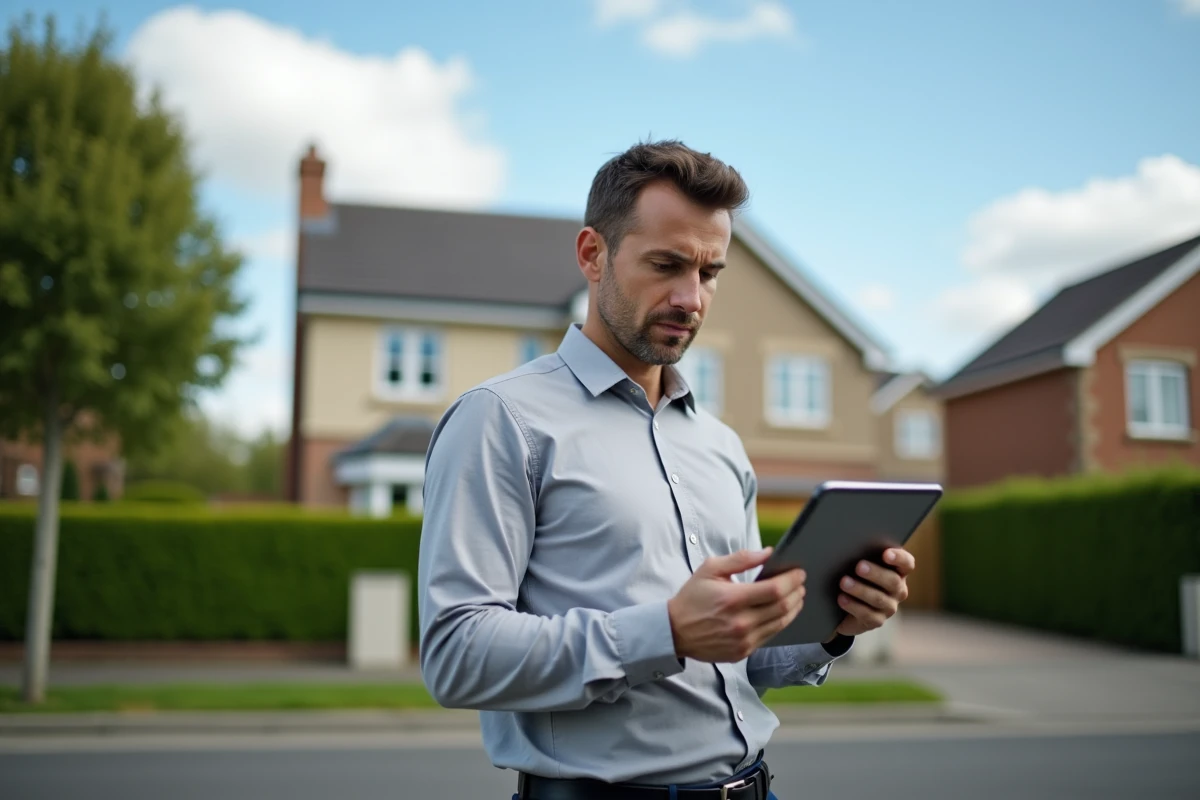 Conseiller immobilier consultant PlayIAD sur tablette devant une maison à vendre en banlieue résidentielle