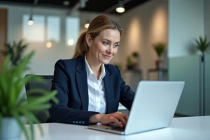 Conseillère immobilière utilisant la plateforme PlayIAD sur son ordinateur portable dans une agence moderne