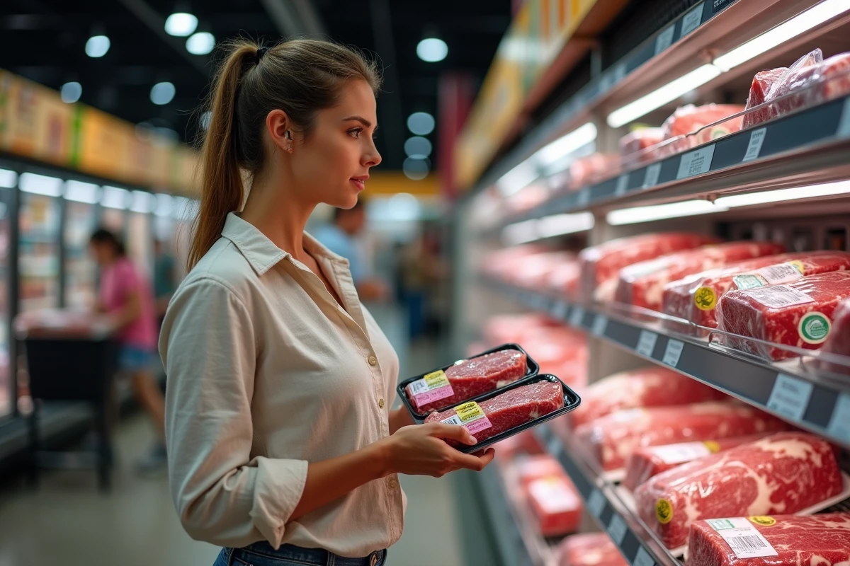 Femme comparant deux emballages de bœuf en supermarché, l'un certifié USDA Choice et l'autre biologique nourri à l'herbe, dans un rayon réfrigéré