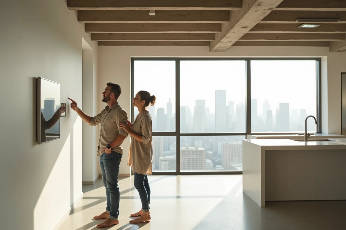 Couple visitant un appartement open-space contemporain avec domotique et finitions haut de gamme, marché immobilier 2027