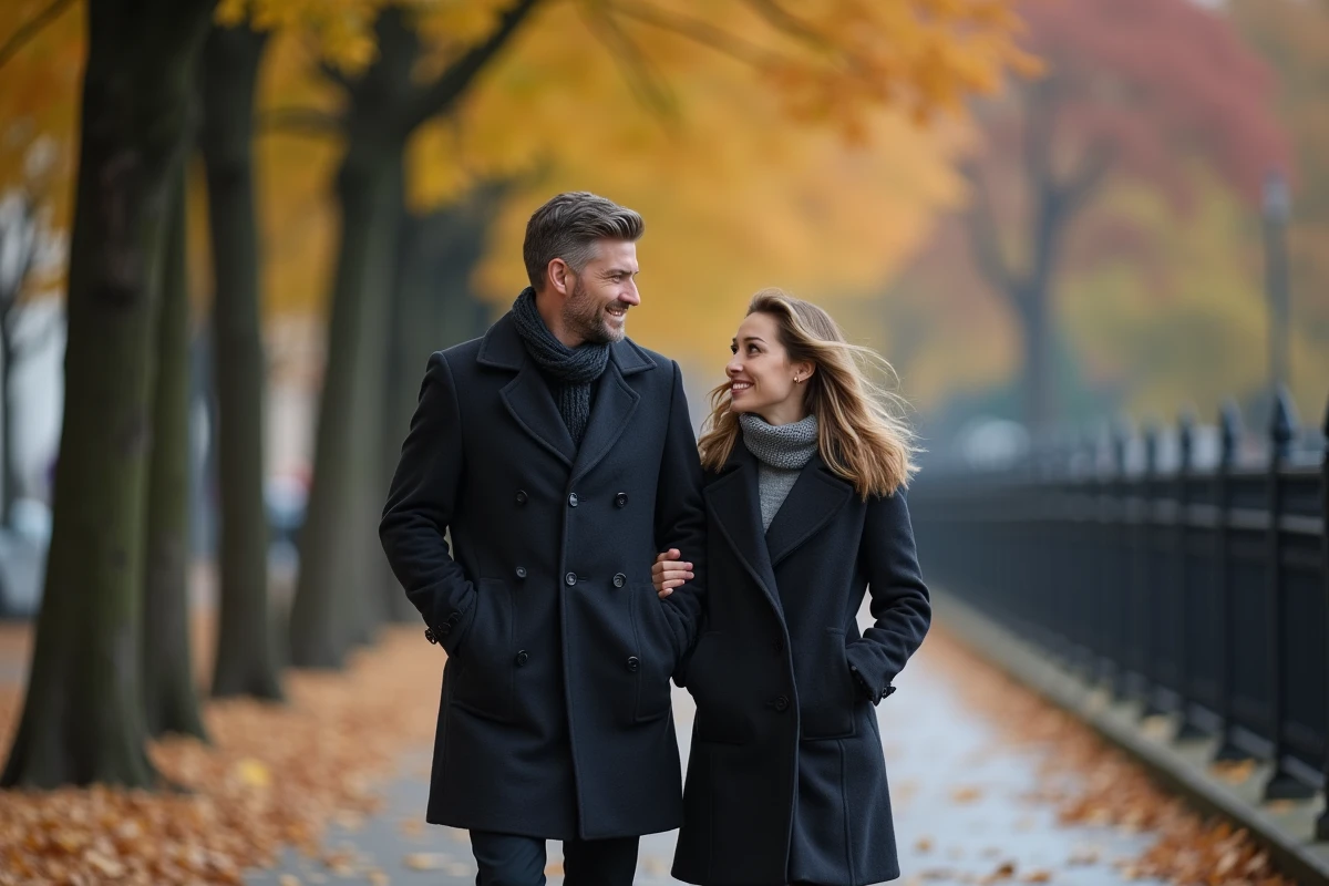 Couple marchant discrètement dans une avenue parisienne en automne, évoquant une relation amoureuse préservée des médias