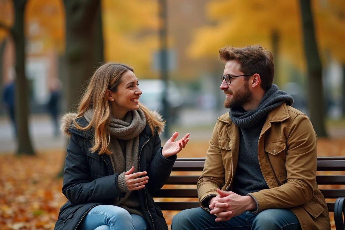 Couple discutant d'un message romantique dans un parc en automne