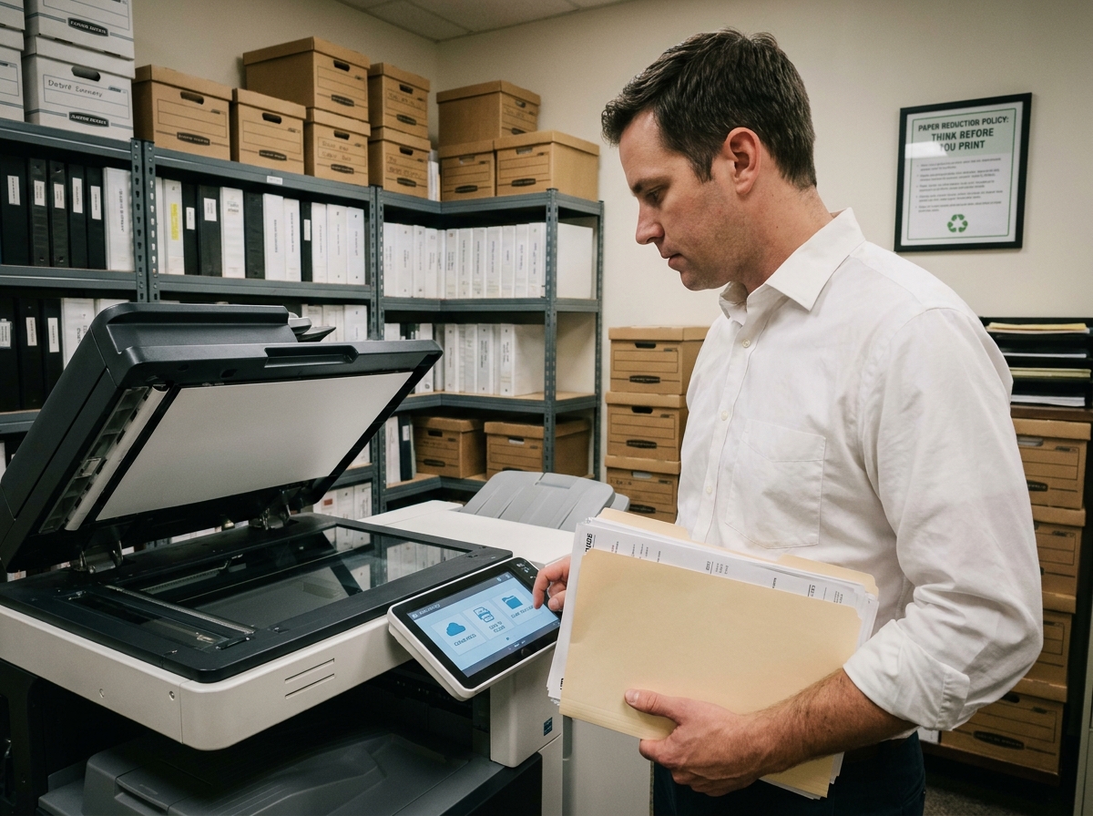 Employé comparant des factures papier fournisseurs avec une solution de gestion documentaire numérique