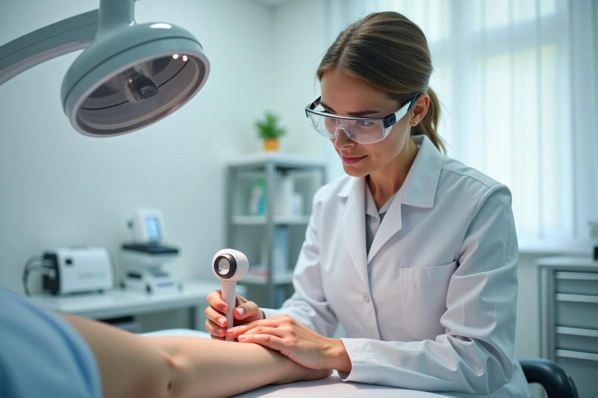 Dermatologue examinant un avant-bras après une séance de laser vasculaire en cabinet médical
