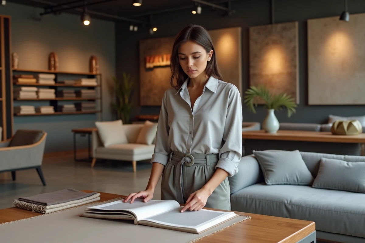 Jeune designer examinant un échantillon de tissus luxueux