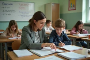 Enseignante spécialisée accompagnant un élève en SEGPA dans une salle de classe de collège en France