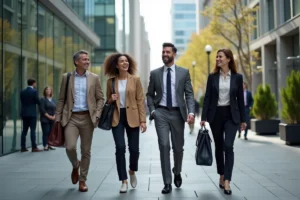 Des professionnels souriants quittent leur bureau en milieu d'après-midi, illustrant l'équilibre travail-vie personnelle avec des horaires 9h-16h