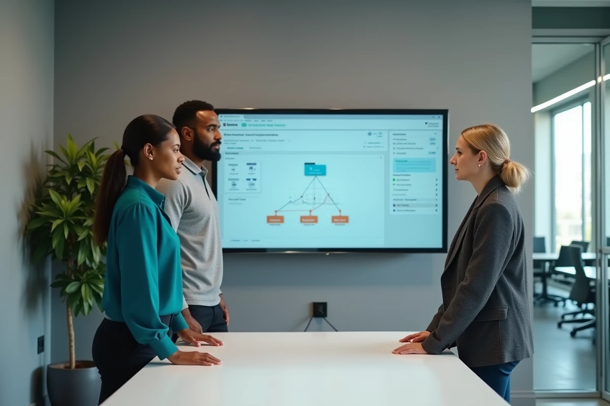 Équipe professionnelle collaborant autour d'un écran interactif affichant un système de gestion documentaire dématérialisé