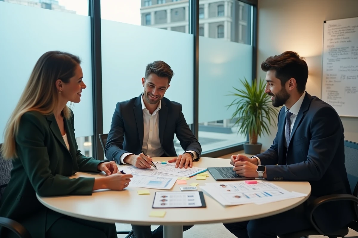 Équipe de professionnels collaborant sur une stratégie de contenu pour améliorer la présence en ligne d'une entreprise
