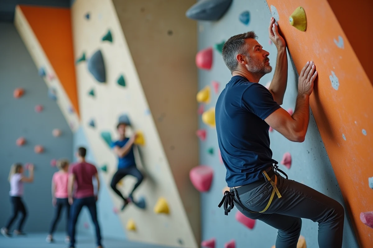 Grimpeur en salle de bloc analysant une voie sur mur d'escalade intérieur coloré