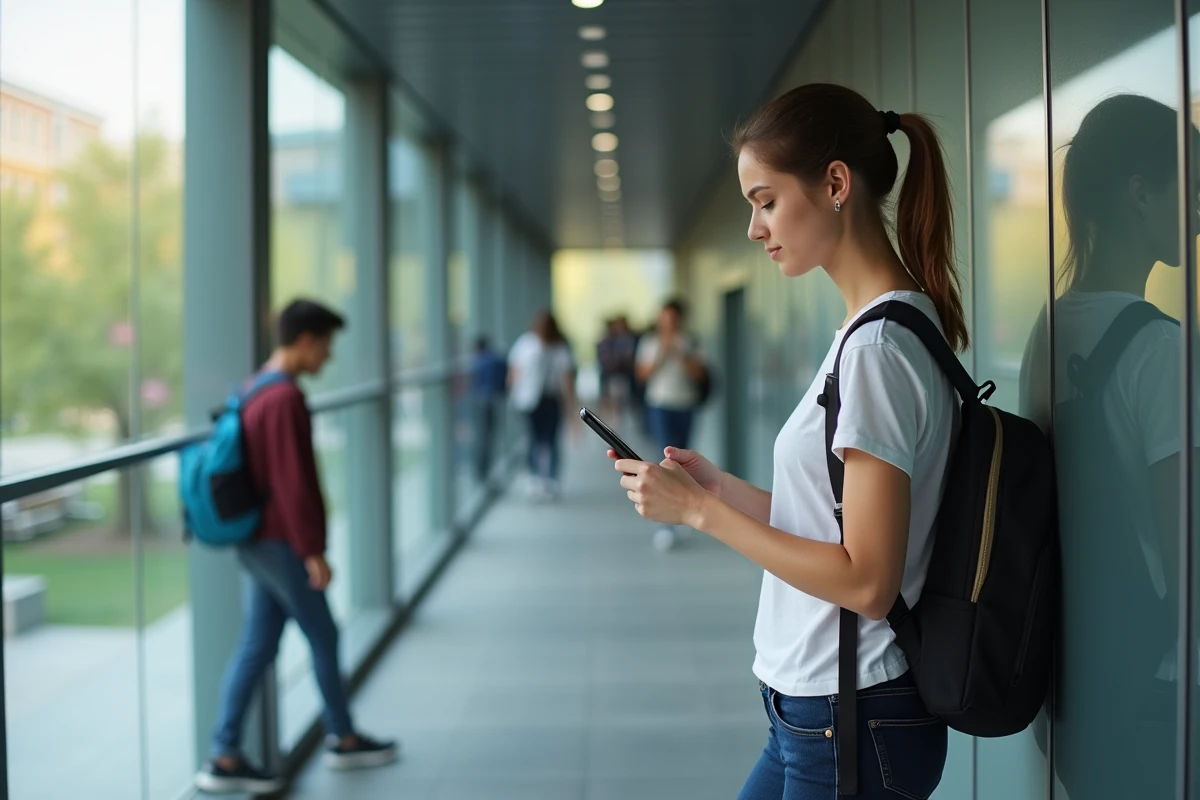 Étudiant consultant son smartphone pour réinitialiser ses identifiants de connexion MyCampus dans un couloir universitaire