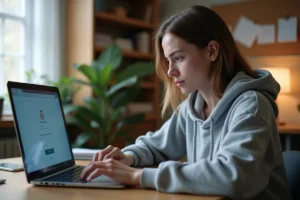 Étudiante frustrée face à une erreur de connexion sur le portail MyCampus Eduservices sur son ordinateur portable