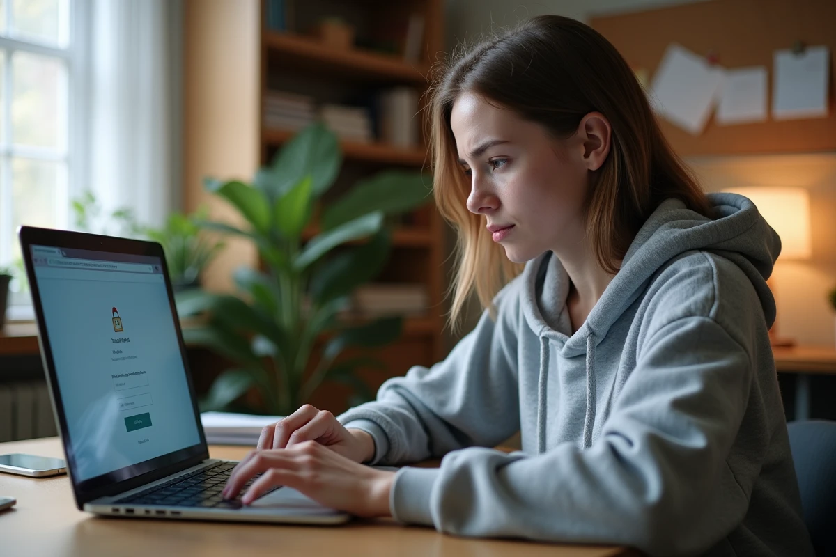 Étudiante frustrée face à une erreur de connexion sur le portail MyCampus Eduservices sur son ordinateur portable