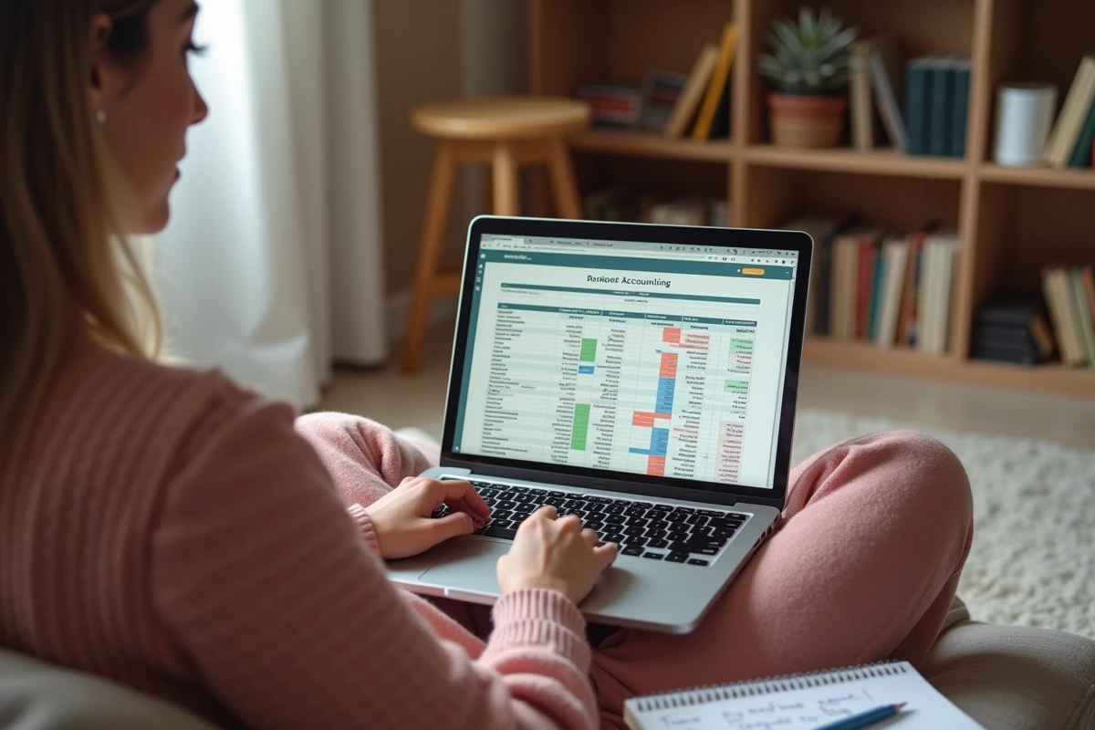 Une jeune entrepreneuse utilise un tableur Excel ou Google Sheets sur son ordinateur portable pour gérer sa comptabilité