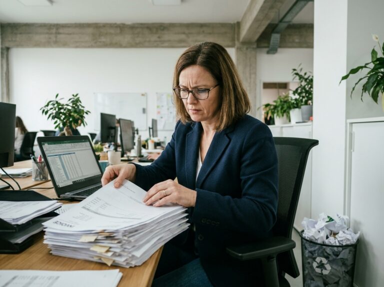Femme d'affaires triant des factures papier fournisseurs dans un bureau moderne avec bac de recyclage visible
