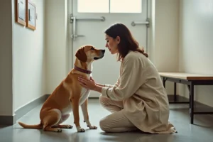 Une femme discute avec un chien calme dans une salle d'adoption de la SPA avant de finaliser son dossier d'adoption