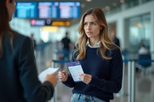 Femme à l'aéroport présentant son billet d'avion