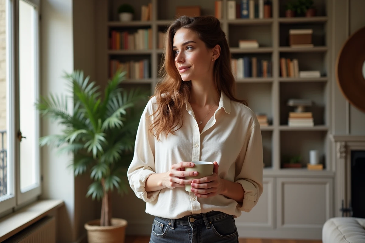 Femme tenant une tasse dans un appartement parisien, atmosphère intime illustrant la discrétion sur la vie privée