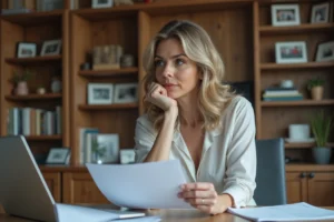 Femme d'âge moyen au bureau à domicile avec documents