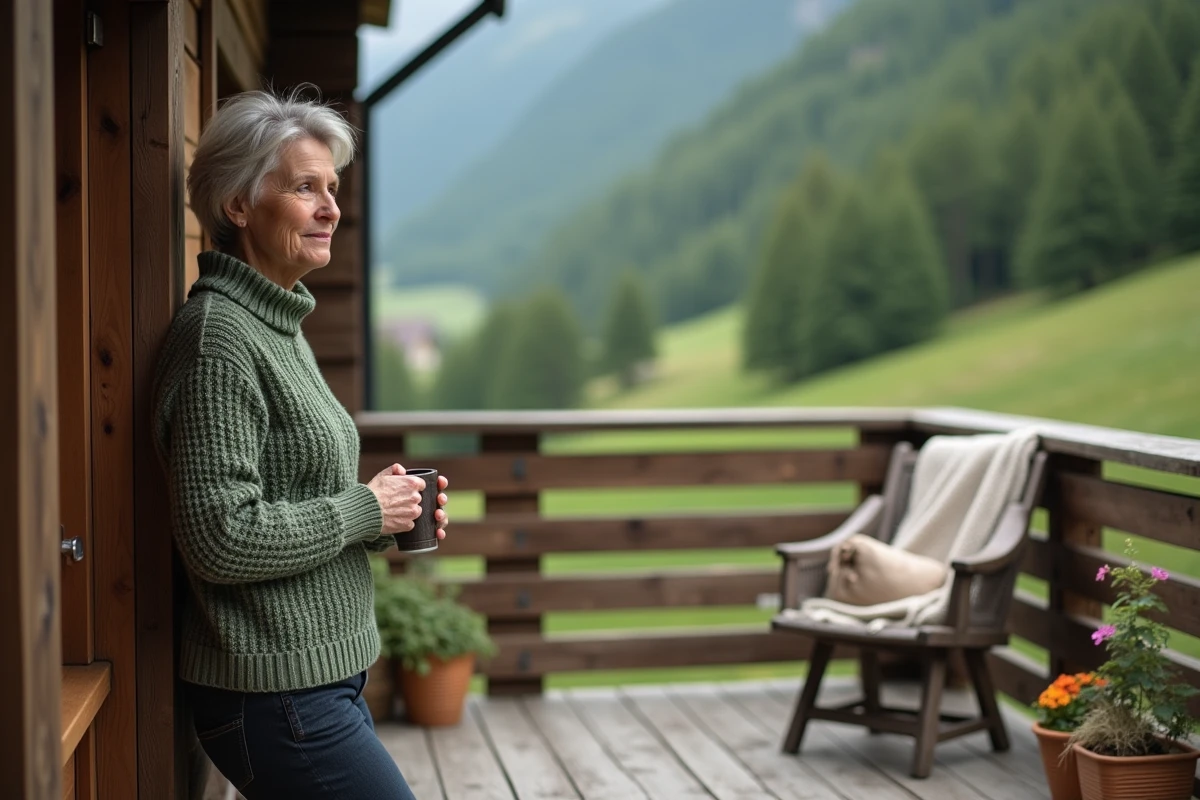 Femme profitant d'un séjour en chalet de montagne sur une terrasse en bois avec vue sur une vallée boisée