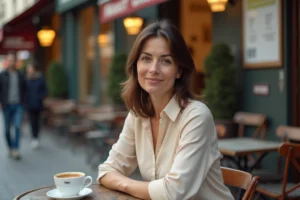 Femme élégante attablée dans un café parisien, expression discrète et réservée évoquant la vie privée