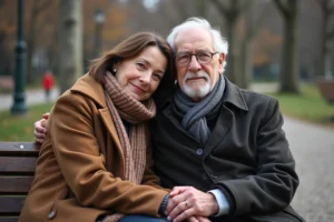 Femme d'âge moyen et homme âgé sur un banc de parc