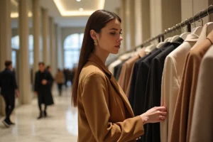 Femme élégante feuilletant des vêtements tendance dans une galerie de mode haut de gamme aux sols en marbre