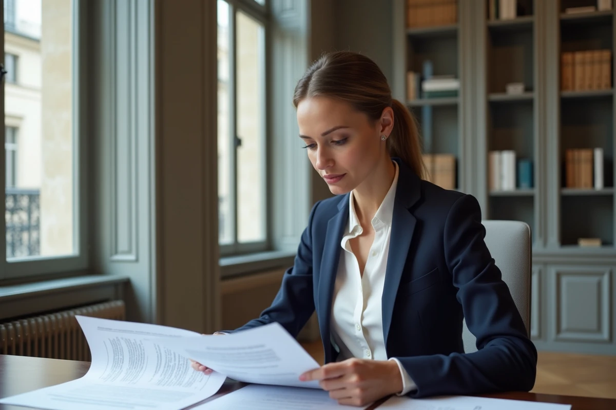 Femme professionnelle examinant des documents de prêt immobilier à Paris