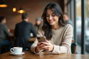 Femme souriante lisant un message 'je pense à toi' sur son téléphone dans un café
