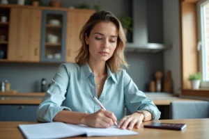 Femme remplissant des papiers avec ses passeports sur la table