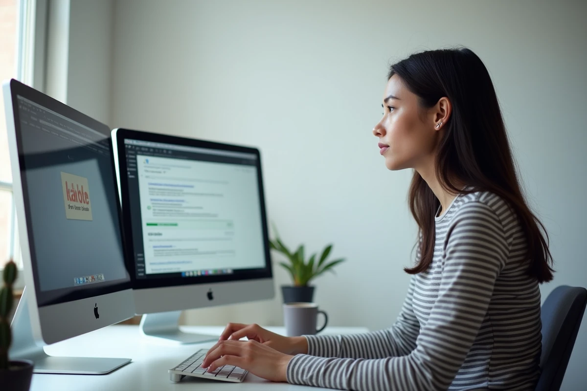 Femme cherchant des alternatives à un site de téléchargement en panne sur son ordinateur