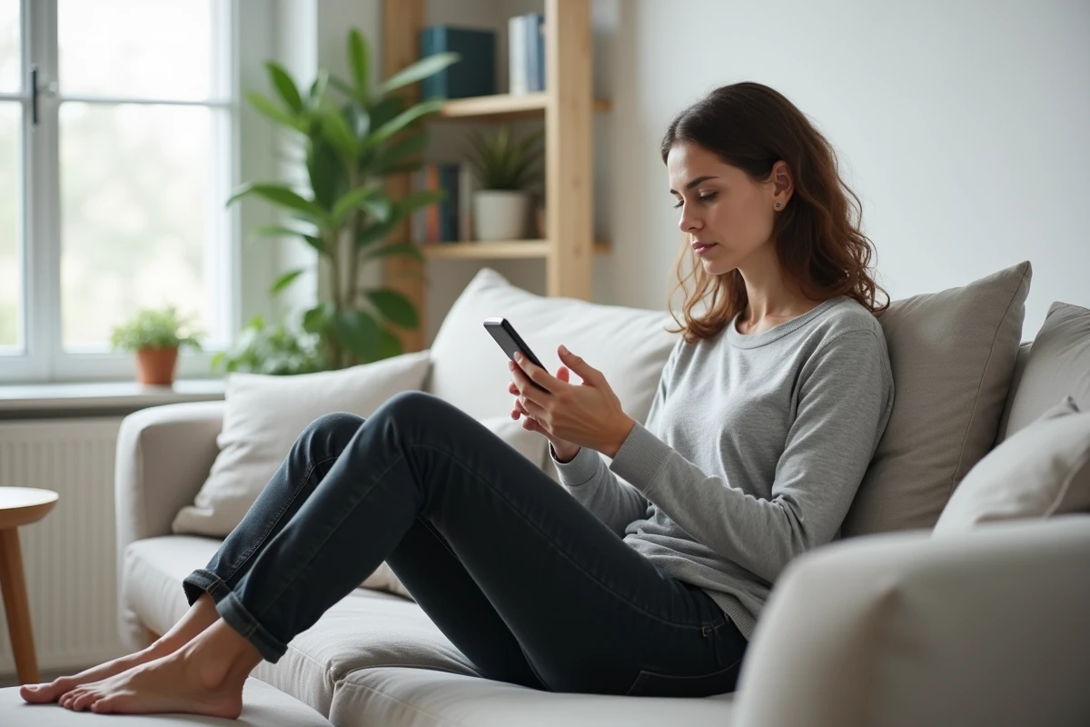 Femme réfléchissant à sa réponse à un message affectueux sur son canapé à la maison