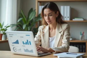 Femme travaillant sur sa stratégie de présence en ligne avec un ordinateur portable affichant des analyses de réseaux sociaux