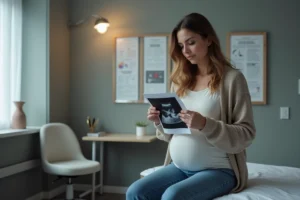 Femme regardant un ultrasound dans un cabinet médical moderne