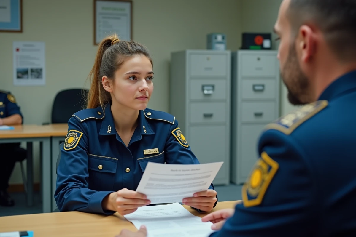 Gendarme adjoint volontaire féminine en entretien de conseil de carrière avec un sous-officier de gendarmerie, illustrant le choix de filière professionnelle