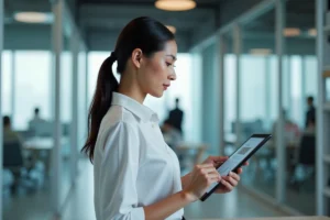Femme en entreprise gérant des documents dématérialisés sur une tablette tactile dans un bureau moderne
