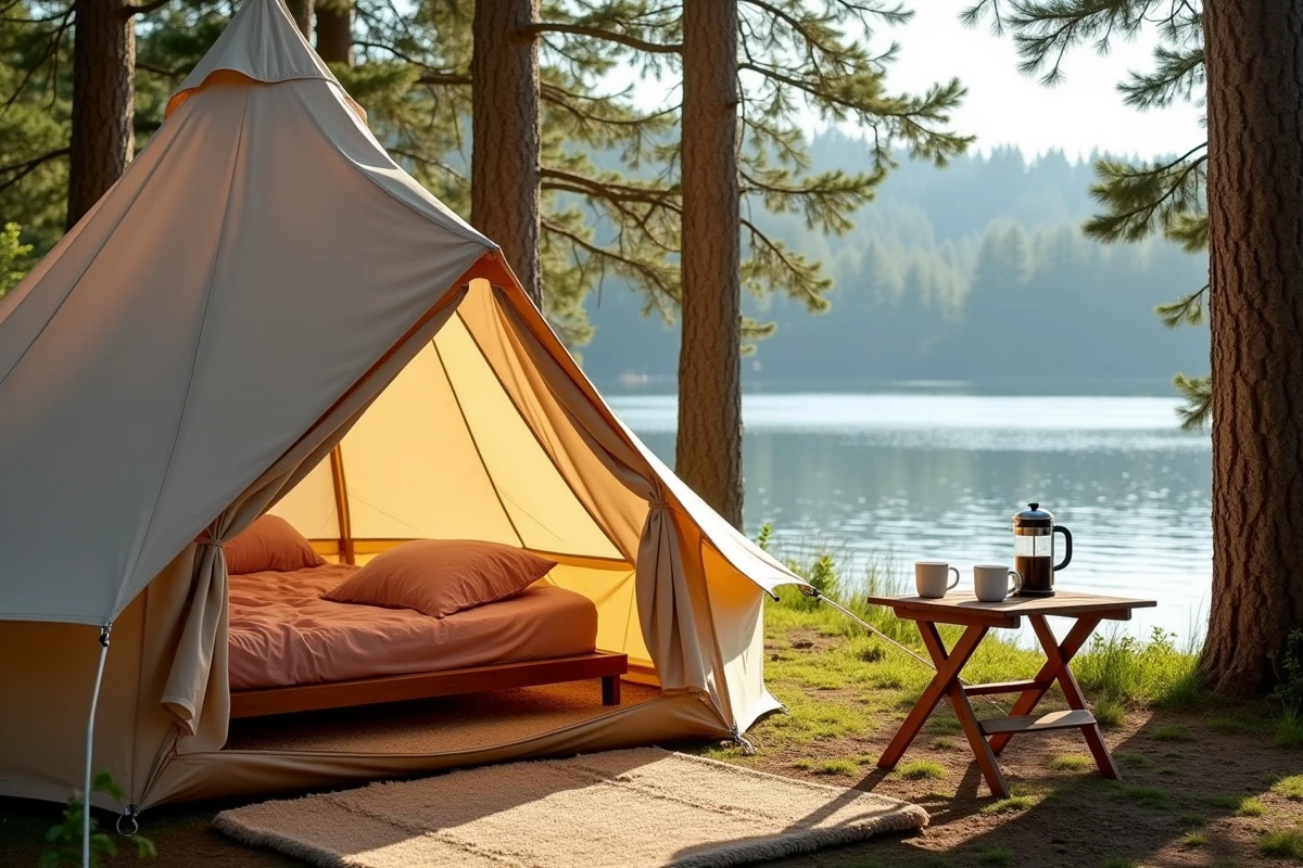 Tente de glamping au bord d'un lac entourée de pins avec intérieur cosy en lin pour un hébergement nature original
